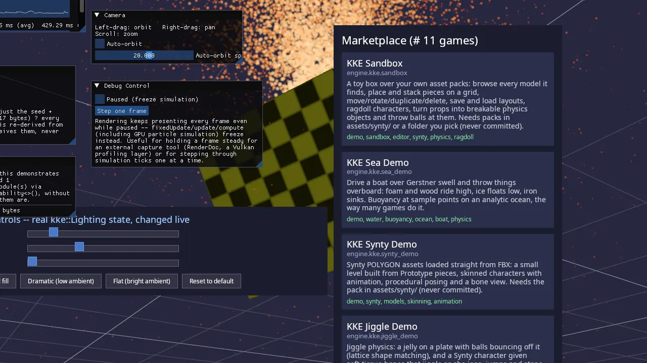 The building blocks: marketplace, lighting and debug panels as independent modules